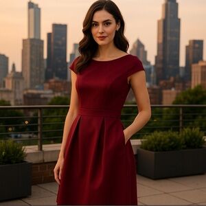 Alfred Sung Burgundy Red Cap Sleeve Satin Pleated Cocktail Dress